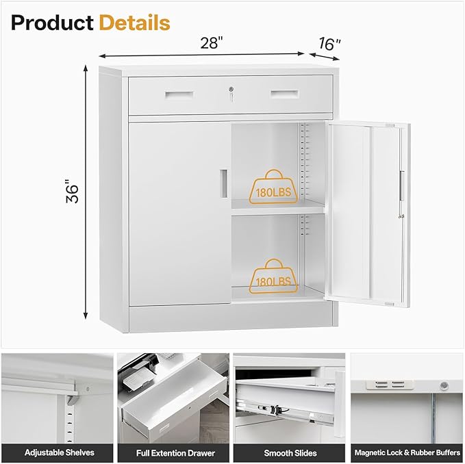 Metal Storage Cabinets with Drawer, 36" H Lockable Storage Cabinet with Doors and Adjustable Shelves, Small White Steel File Cabinet for Home, Office, Warehouse, School, Assembly Required