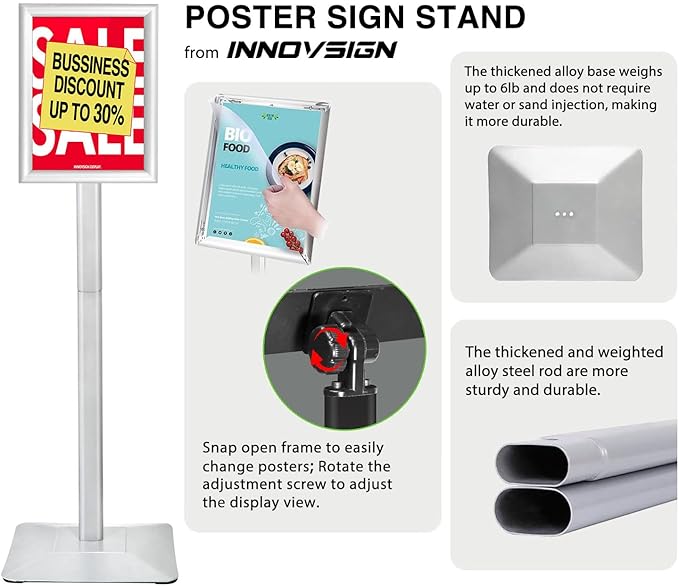 3Packs Heavy Duty Adjustable Pedestal Poster Sign Stand, 8.5x11 Aluminum Open Floor Standing Sign Holder for Vertical and Horizontal View Display (8.5x11,Silver)