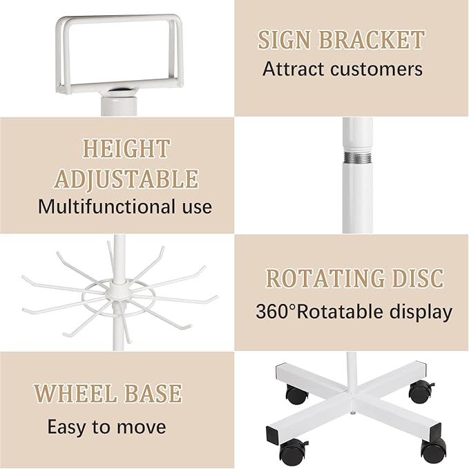 5-Tier Metal Spinning Display Stand Rack with Wheels, Keychain Jewelry Stocking Hat Display Stand, White