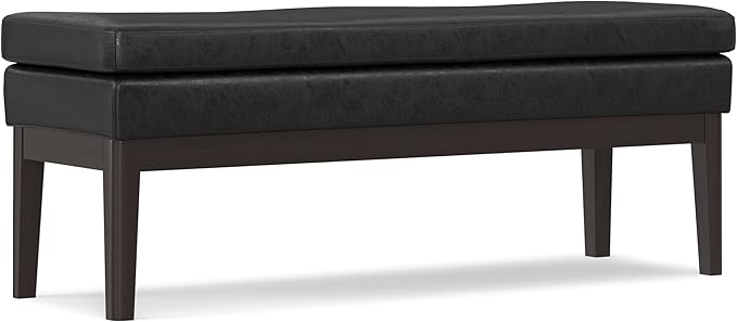 SIMPLIHOME Carlson Ottoman Bench - 45 inch Wide Upholstered Vegan Leather Rectangle Ottoman in Distressed Black, Mid Century Modern Bench for Bedroom, Entryway or Living Room with Padded Seat