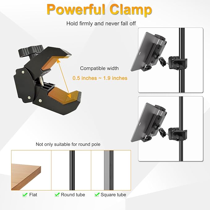 Tablet Holder for Mic Stand/Stroller/Treadmill/Wheelchair/Spin Bike/Peloton/Indoor Cycle, 360° Swivel iPad Mic Stand Mount Adjustable iPad Clamp Mount for All 4.7 to 12.9 inch Tablets Smartphones