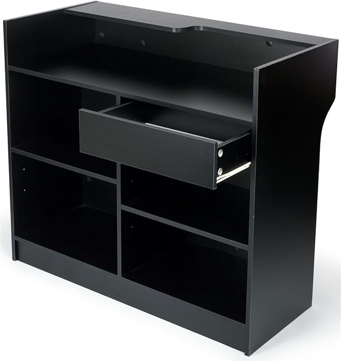 Free-Standing Black Melamine Register Stand, with Adjustable Shelves, Pull-Out Drawer, and Check Writing Area