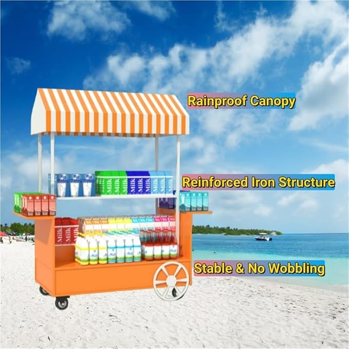 Portable Food Cart with Canopy, Mobile Vendor Display Stand with Lockable Wheels, Outdoor Food Stall Trolley, Foldable Commercial Display Cart for Market, Street Food & Events(White)