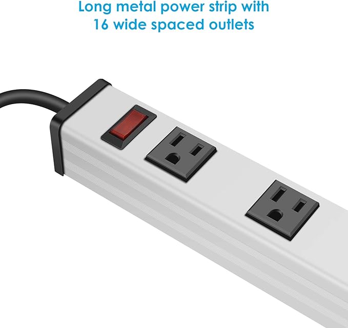 JUNNUJ Long Metal 16 Outlet Power Strip, Wide Spaced Garage Industrial Heavy Duty Power Strip with 6 FT Cord 15A, 125V, 1875W-Silver