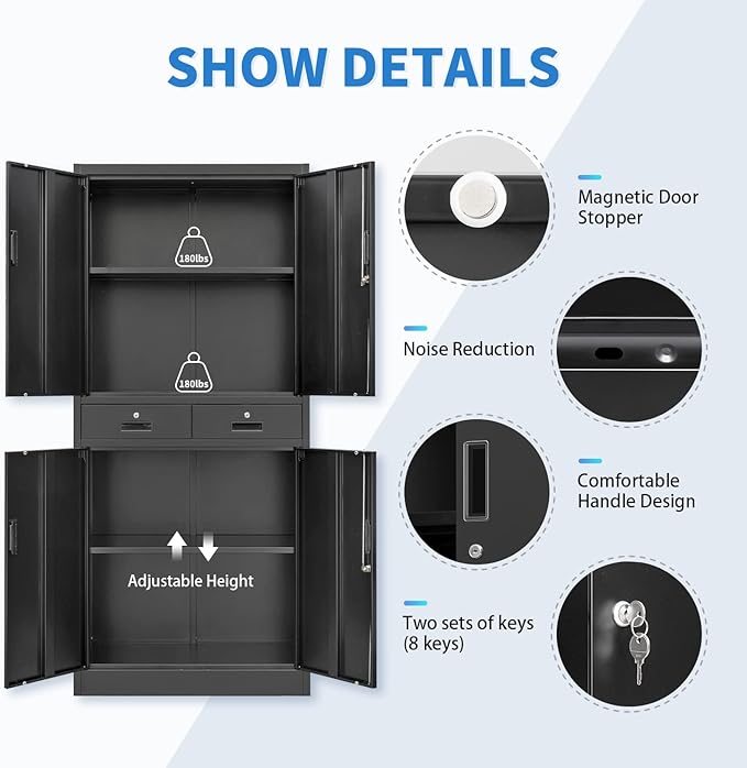 Metal Storage Cabinet, 71 Inch Tall Metal Storage Cabinet with Doors and Shelves, Pantry Cabinets with Drawer for Kitchen Storage, Garage Cabinet for Living, Dining Room, Assemble Required.
