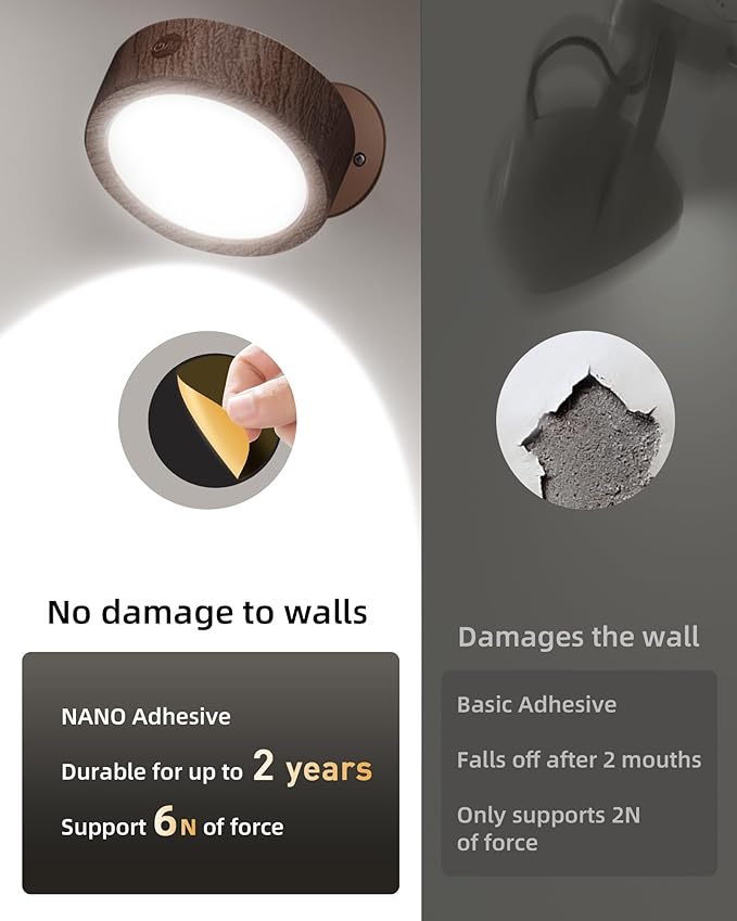 EZVALO LED Wall Mounted Lights, 5500mAh Rechargeable Wall Sconces Lamp, 3 Color Temps & Remote and Touch Control, 360°Rotation Dimmable Cordless Wall Light for Bedroom Reading Study (3 Pack Walnut)