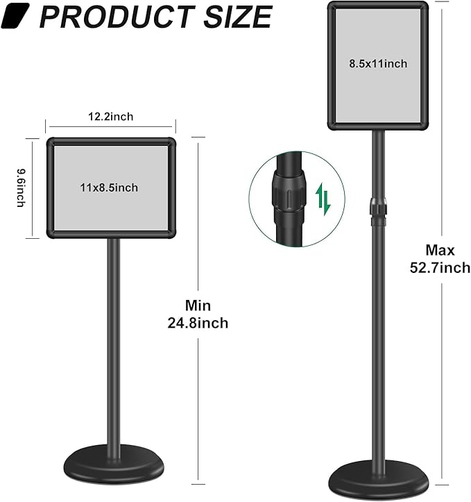 Sign Holder Floor Display Stand: 8.5 x 11 inch Adjustable Standing Signage Stand with Snap Frame for Malls Schools Restaurants (Black, 8.5 x 11" (2 PACK))
