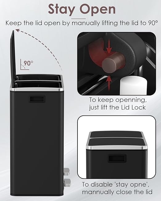 Arlopu Dual Trash Can, 2 x 8 Gallon (2 x 30 L) Hands-Free Trash and Recycle Bin Combo, Stainless Steel Kitchen Garbage Can with Soft-Close Lid, Removable Inner Buckets, Step Pedal, Airtight (Black)