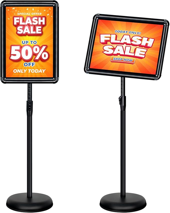 11x17 Inch Adjustable Pedestal Poster Sign Stand, Heavy Duty Floor Standing Sign Holder Stand Aluminum Snap Open Frame for Vertical and Horizontal View Sign Displayed (Black, Round)