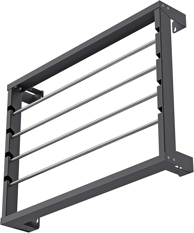SELEWARE Heavy Duty Wall-Mounted Wire Spool Rack – Cable Reel Holder and Dispenser with 4 Adjustable Stainless Steel Rods for Industrial, Electrical, and Retail Storage and Display (Black)