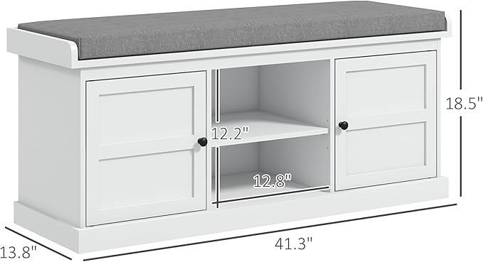 HOMCOM Shoe Bench with Cushion, Storage Bench for Entryway with Padded Seat, 2 Cabinets and Adjustable Shelf for Hallway, Living Room, Bedroom, White