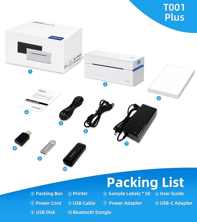 ORGSTA Bluetooth Thermal Shipping Label Printer 4x6, Wireless & USB Label Printer for Small Business, Compatible with Android, iPhone, Windows, USPS, Amazon, Etsy, Shopify - T001-Plus