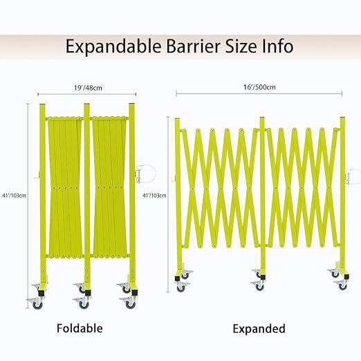 GYMTIME Expandable Metal Barricade, Flexible Mobile Safety Barrier, Folding Security Gate with Casters, Adjustable Traffic Temporary Fence for School, Shopping Mall, 16 Feet, Matte Yellow