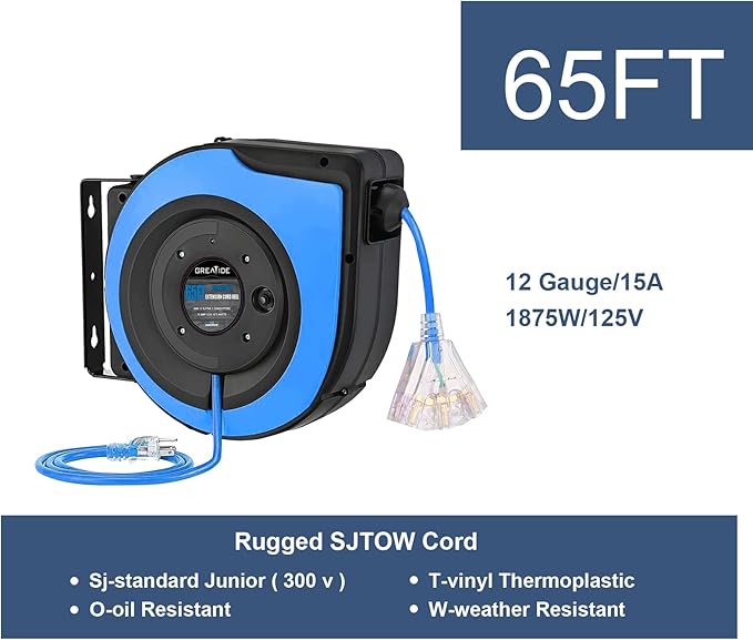 Retractable Extension Cord Reel, 65 Feet 12 AWG/3C SJTOW Heavy Duty Power Cord,15 AMP Circuit Breaker, 3-Lighted Triple Outlets, Ceiling or Wall Mount Use Gifts for Dad