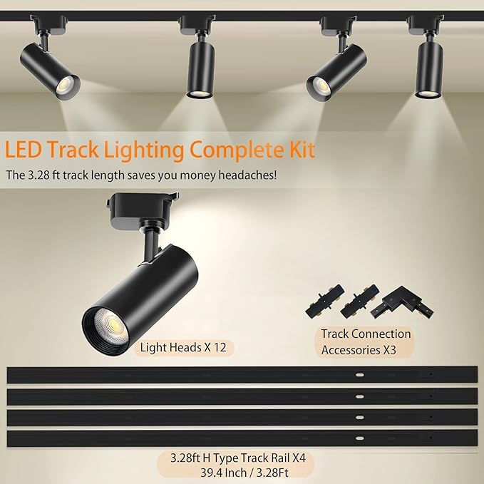 Ultra-Bright Black H Type Track Lighting Kit 6000K Cool White, 12 Heads 20W 2400lm with 13.1FT Track Rails, Dimmable Plug in LED Track Lights Modern Indoor Spotlight Fixture