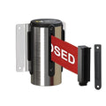 Montour Line WM115 Wall Mounted Retractable Belt Barrier with Standard Belt End, Fixed Mount, Polished Stainless Steel Casing (8.5 ft Red with"This LINE is Closed" White Letters Belt)