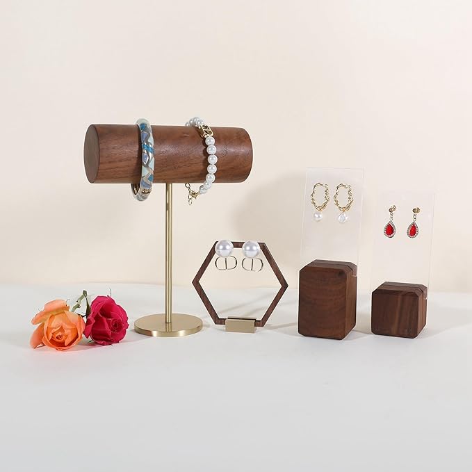 GemeShou Wood bracelet rack for selling, Metal brass bracelet display stand, Walnut bracelet holder organizer, Bangle Jewelry organizer T bar stand【Walnut Brass Bracelet Holder-Low】