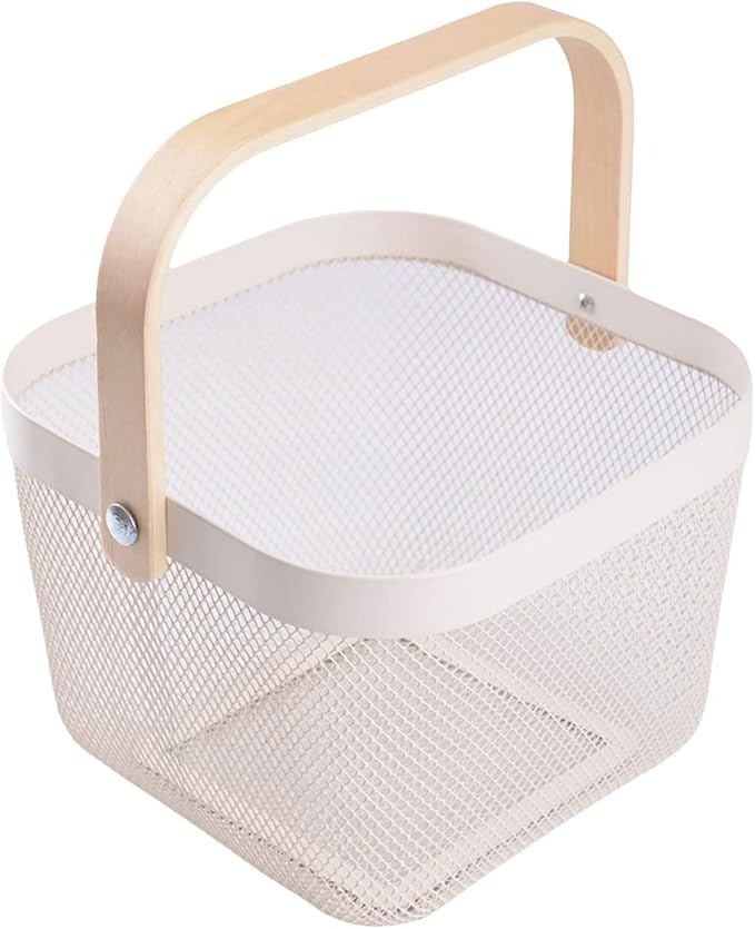 IBWell Square Metal Wire Woven Fruit Storage Bowl Basket with Wooden Handle, Large Black Mesh Fruit Stand, Multi-function Hanging Kitchen Baskets (White, Nomal 2PCS)