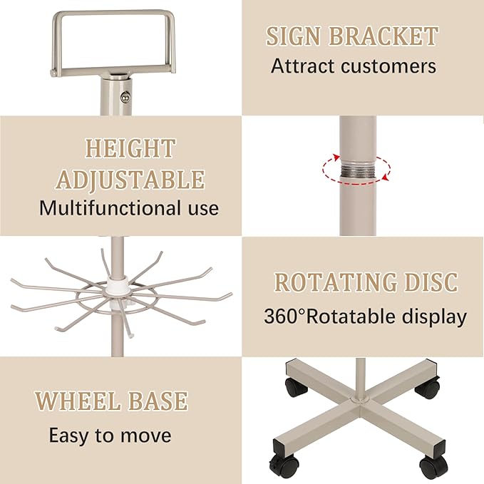 Retail Display Stand Store Display Rack 5 Tier Metal Spinning Display Stand Rack with Wheels Keychain Jewelry Stocking Hat Display Stand with Hooks for Malls, Showroom, Retail Store (Grey)