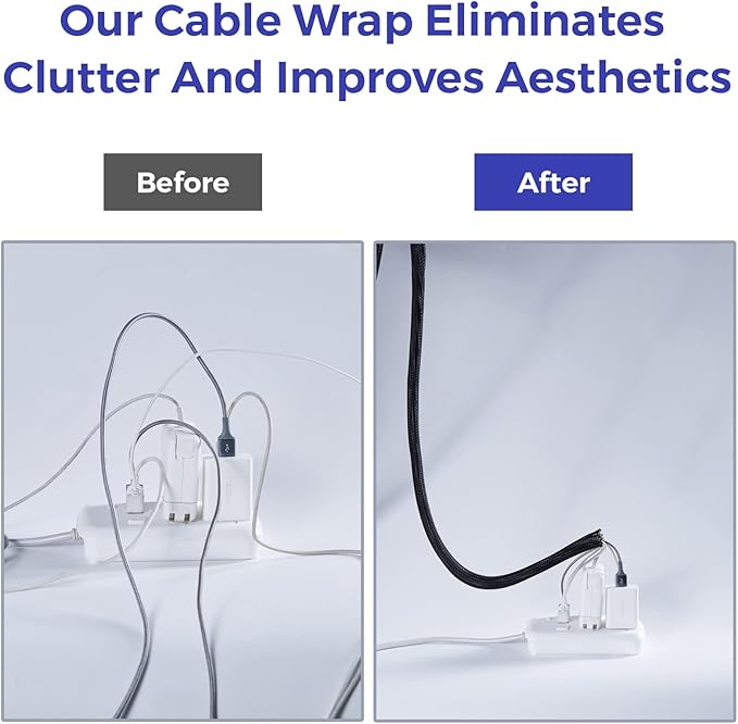 Cable Management Sleeves 1in - 2 Pack 4.1ft Split Braided Cable Sleeve Black, Hard PE Cord Protectors from Pets, Wire Organizers for Cords, Flexible Cord Wrap Wire Sleeve for Computer Cord Organizer