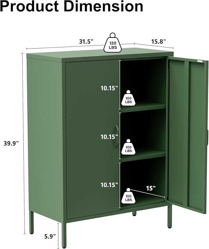 Metal Storage Cabinet with Doors and Shelves,Multipurpose Storage Rack, 3-Tier Shelf,Metal Locker Style Accent Cabinet for Home Office,Living Room,Kitchen (Forest Green, 40''H)