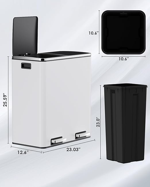 Arlopu Dual Trash Can, 2 x 8 Gallon (2 x 30 L) Hands-Free Trash and Recycle Bin Combo, Stainless Steel Kitchen Garbage Can with Soft-Close Lid, Removable Inner Buckets, Step Pedal, Airtight (White)
