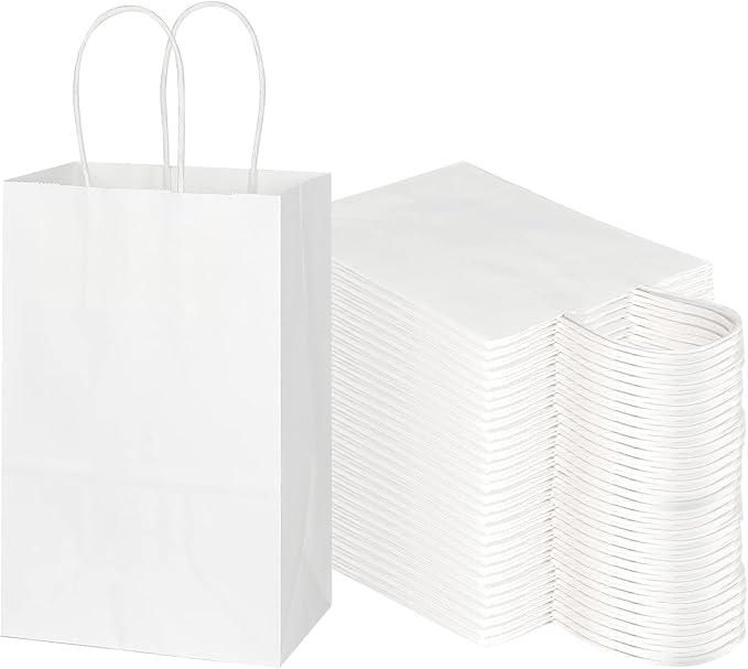 Toovip 100 Pack 5.25x3.25x8.25 Inch Small White Kraft Paper Bags with Handles Bulk, Gift Wrap Bags for Favor Grocery Retail Party Birthday Shopping Business Goody Craft Sacks Merchandise Take Out Cub