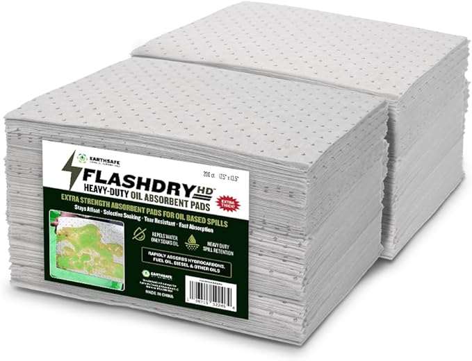 FLASHDRY Heavy Duty Oil Absorbent Pads - 300GSM/4mm (200 Pack, 17.5"x13.5") - Oil-Only Spill Pads for Garage, Marine, Automotive & Industrial Use - Fast Absorbing, Unsinkable, Cut to Size