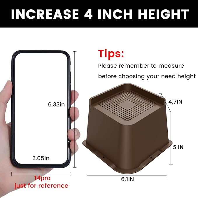 Bed Risers 2 inch, 3 inch, 4 inch, 6 inch or 8 inch Heavy Duty Furniture Risers, Up to 6000 Lbs L Shaped Design Bed Lifts Blocks for Couch Desk Sofa Table (Dark Brown 4 Pack, 5 Inch)