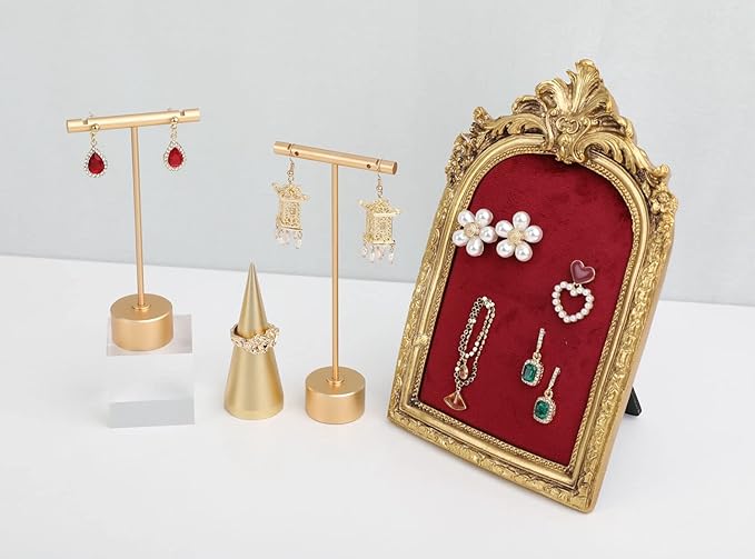 GemeShou Gold Metal Single Pair T Bar Earring Retail Display Stand for show, Tabletop Jewelry Tower Holder for Girl Women【Gold-Round Base Height 5.3"】