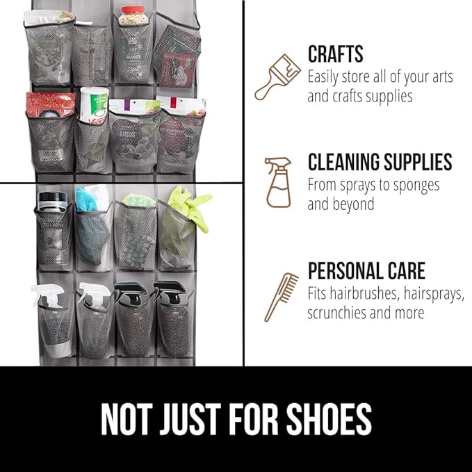 GORILLA GRIP Over the Door Shoe Organizer, 12 Large Breathable Mesh Pockets, Space Saving Hanging Storage Holder, 2 Hook Closet Rack Hanger, Hangs on Closets for Shoes, Accessories, 64H x 9.5W Gray