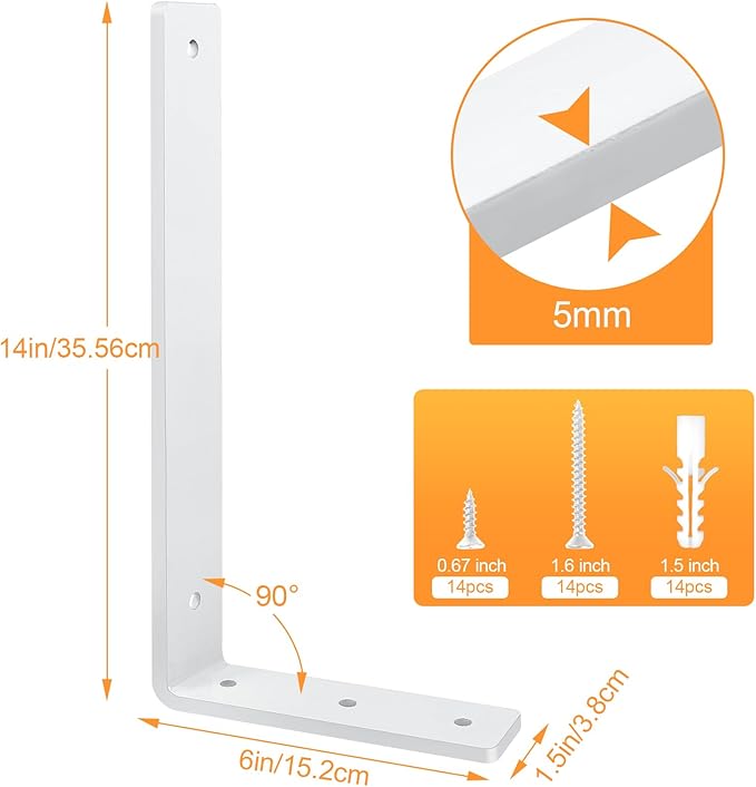 White Floating Shelf Bracket 14 Inch, 4 Pack Heavy Duty Shelf Brackets, Wall Shelf Bracket for DIY Decorative with Mounting Hardware