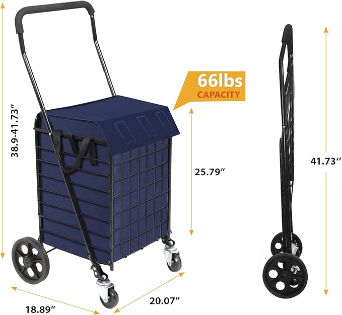Folding Shopping Cart for Groceries, Grocery Cart with Waterproof Liner and 360° Swiveling Wheels Collapsible Shopping Carts for Condo Laundry Transport Trip