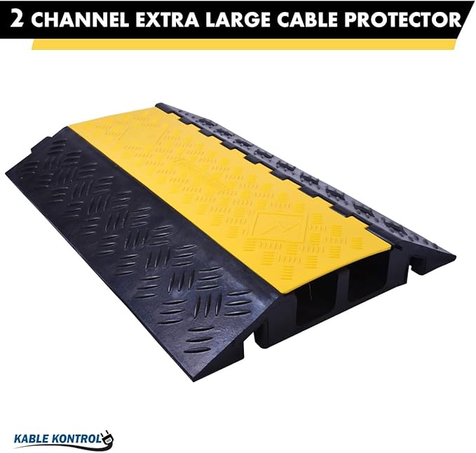 Kable Kontrol Atlas Heavy Duty Cable Protector Ramp - 2 Channel Bulk Wholesale Pallet - 20 Pcs - 35” Long Black & Yellow – 32000 Lbs Capacity - Rubber Speed Bump Wire Protector Cord Cover – CP9985