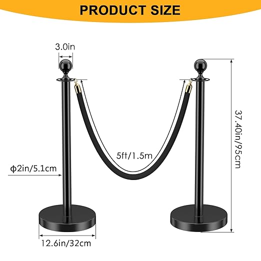 LOVMOR Crowd Control Stanchion, Set with 5 ft/1.5 m Red Velvet Rope, Set of 8 Pieces, Stanchion Rope Divider, Black Queue Barrier Line Divider with Fillable Plastic Base, Airport