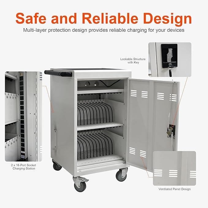 32 Devices Laptop Charging Cart, Tablet Storage Carts for Pad Up to 16.3" Screen Size, Classroom Computer Mobile Charging Station for Pads,Chromebooks,Laptops,Security Storage (White)