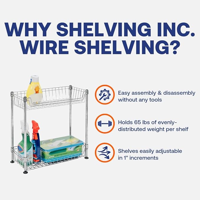 Shelving Inc. 8" d x 18" w x 18" h 2-Tier Chrome Wire Basket Rack, Standard Duty, Weight Capacity 65 lbs Per Shelf