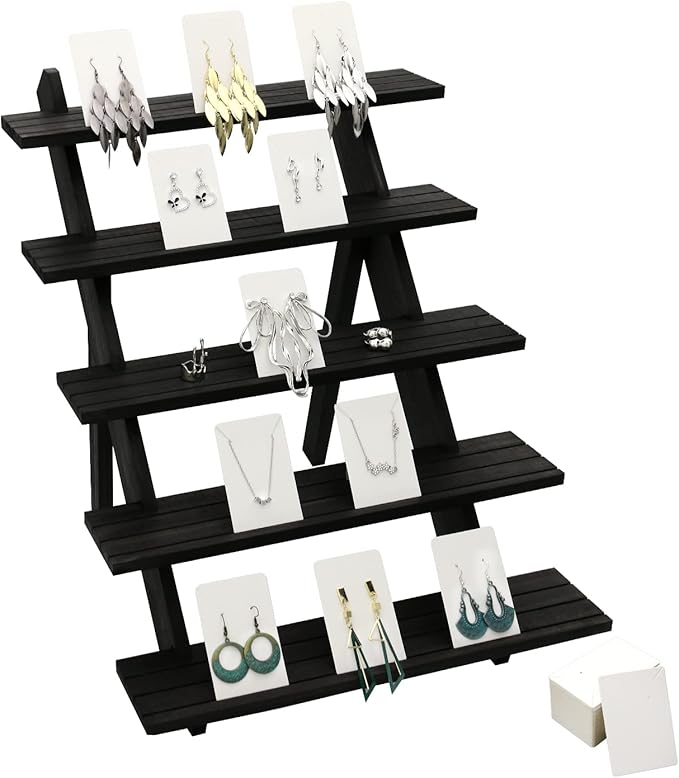 101pcs 5-Tier Wood Earring Display Stand, Retail Display Riser Earring, Ring Holder Stand, Removable Countertop Small Merchandise Display Stand with 100 Pcs Earring Card (Brown color)