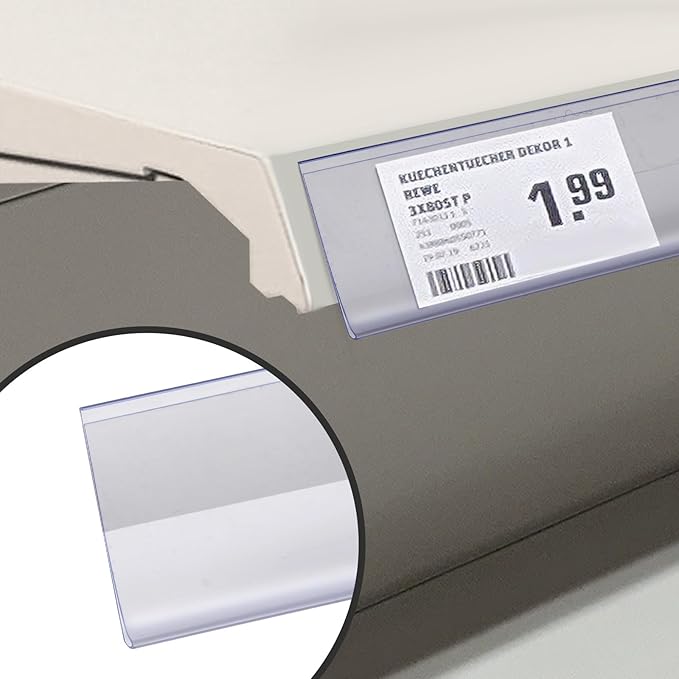 Shelf Label Strips, Pro Painter 100 Pack Self Adhesive 1.5”H Shelf Strip Price Tag Holder for Plastic, Metal and Wood Gondola Shelf, Clear Plastic Front/Clear Back Sign Holder for 48” Long Shelf