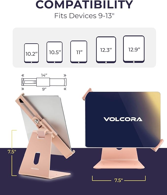 Volcora Anti-Theft Tablet Stand iPad Kiosk Stands with Lock, Pink 10-13'' ipad Stand for Desk, Swivel, Adjustable iPad Holder for Desk, iPAD Mount for POS Register, Retail Business, Cashier