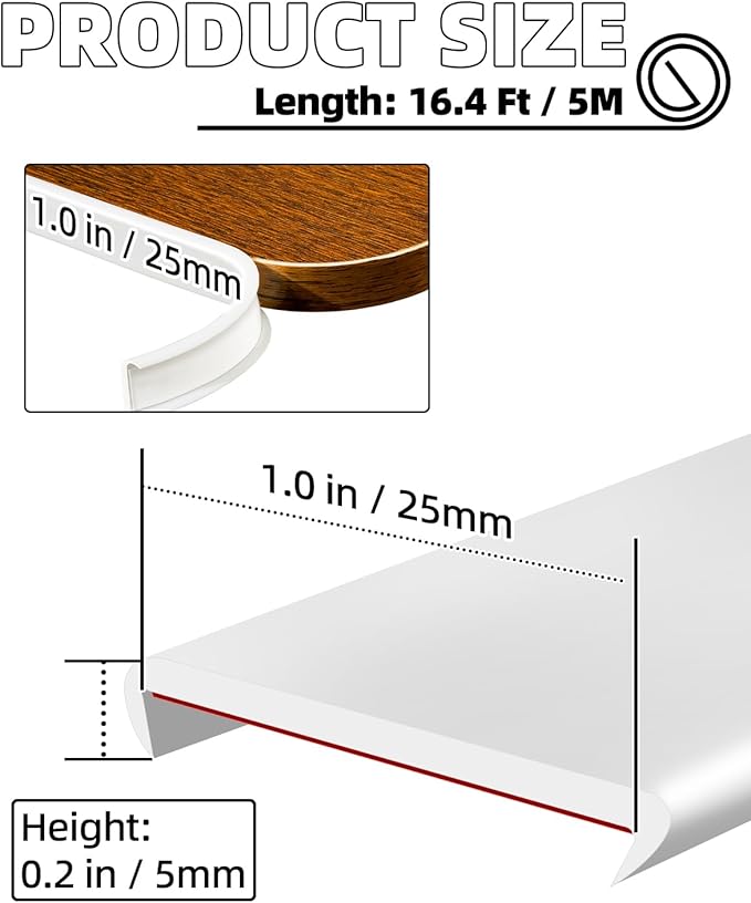 U-Shape White TPE Edge Banding 16.4Ft Self-Adhesive Flexible Edge Trim, Furniture Edge Protector & Countertop Molding (W:1.0'' H:0.2'')
