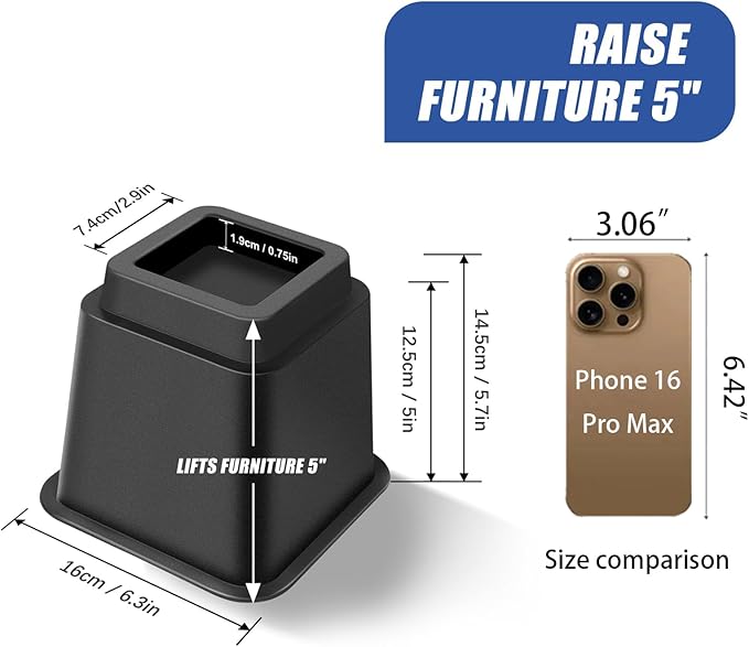 Bed Riser/Furniture Lift Bed/Bed risers/Furniture Lifter/Table risers/Frame Risers Create Under Bed Storage Heavy Duty for Furniture Height Adjustment (Black 6 Pack, 5 Inch)