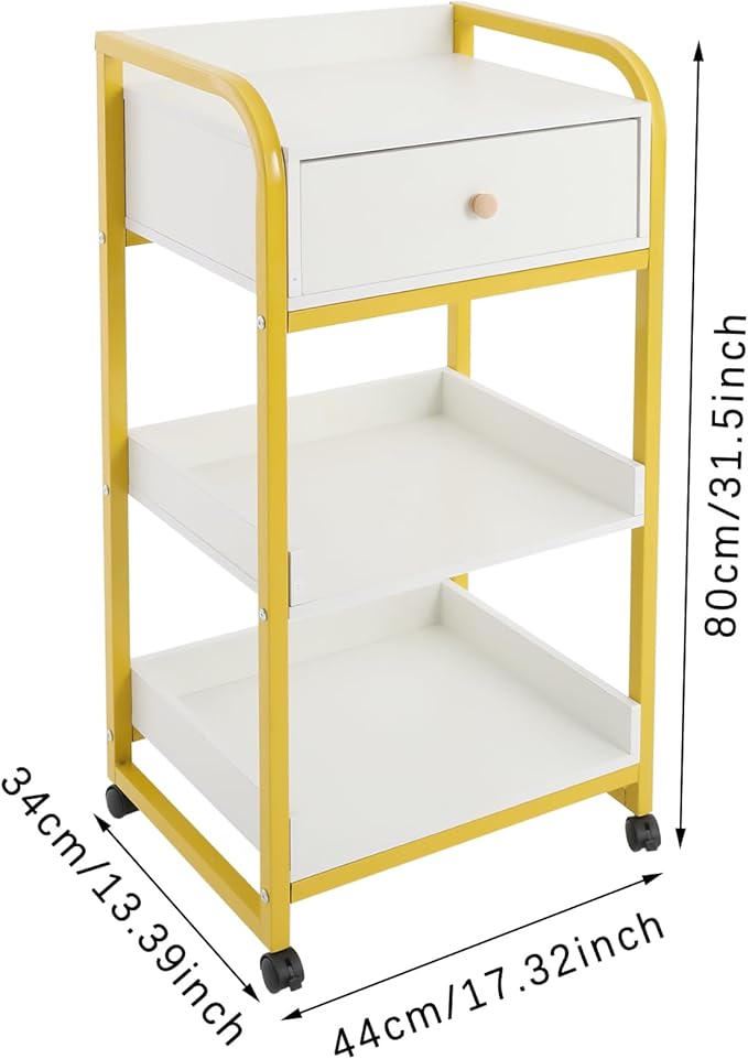 3-Tier Salon Trolley Cart w/Drawer & Shelves, Esthetician Carts w/Wheels Utility Storage for Barber Nail Spa Office, Gold, White