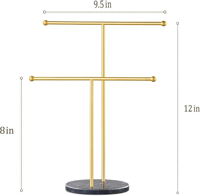 pickpiff Necklace Holder Stand: 2 Tier Jewelry Organizer with Marble Base, Gold Jewelry Tree Display for Bracelets, Rings, Earrings, Gold and Black