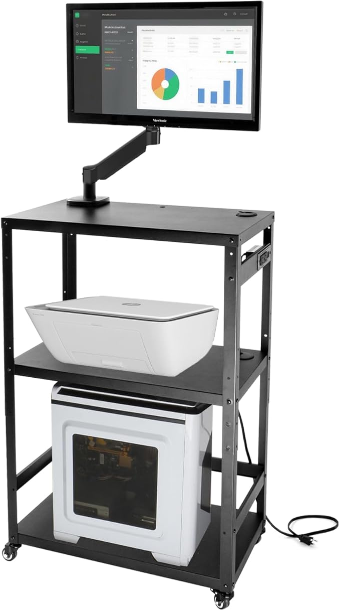 AV Cart with Monitor Mount, Height Adjustable Media Cart with Wheels and Power Strip, Rolling Workstation for Office, Classroom & Warehouse, Steel Presentation Stand for Projector, Laptop & Printer