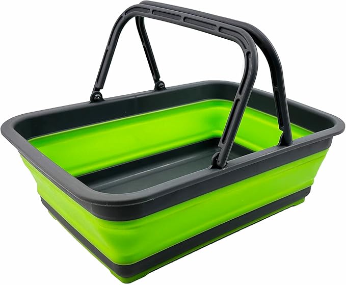 SAMMART Collapsible Basket with Handle 8L (2.1 Gallon) - Portable Outdoor Picnic Basket/Crate - Foldable Basin for Washing Dishes,Camping,Hiking (Grey/Green)