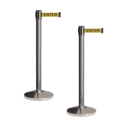 CCW Set of 2 Retractable Belt Barriers Stanchion, Polished Stainless Steel Post, RBB-100 (9 Foot Belt, Yellow"Caution - DO NOT Enter" Black Letters Belt)