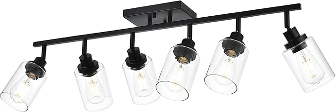 6-Light Track Lighting Kit Black Track Lighting Fixtures Bathroom Wall Sconces Ceiling Mount Kitchen Tracking Lights, Rotatable Spotlight with Clear Glass Shade for Kitchen Shop Hallway
