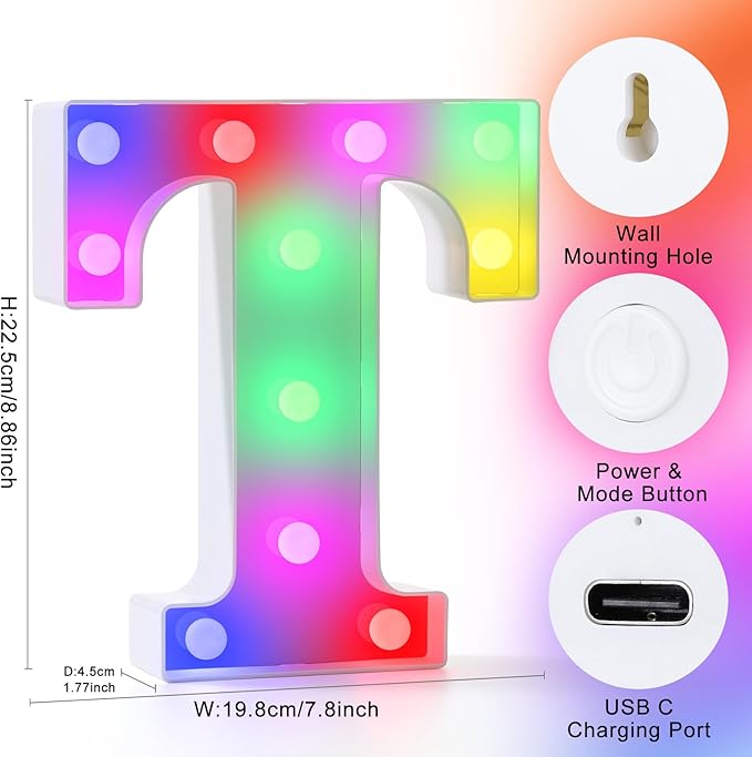 mooncow Rechargeable Light Up Letters,Colorful Marquee Letters with Remote,Gift Wrap Gifts,Bedroom Home Bar Party Decor (T)
