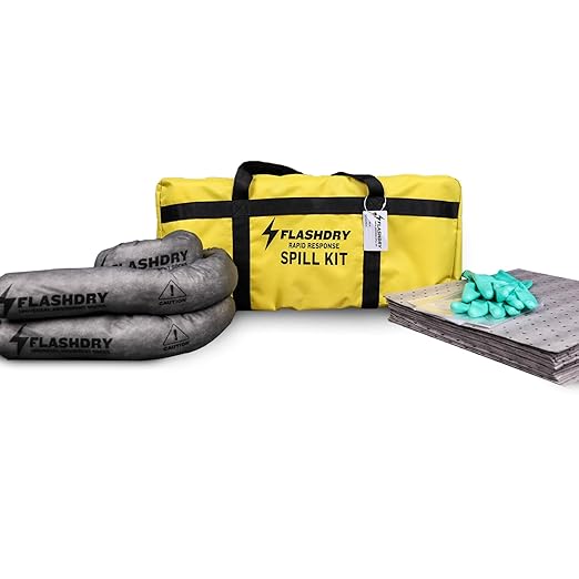 1 Flashdry Portable Complete Spill Kits Includes Yellow Duffle, Bag Tag, 15 Spill Absorbent Pads, 2 3" x4' Sorbent Socks, Disposal Bags, Nitrile Gloves